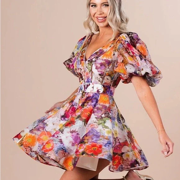 Zimmermann Prima Belted Floral Puff-Sleeve Linen and Silk V-Neck Mini Dress - Picture 3 of 6